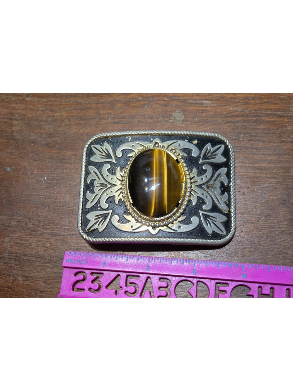 Vintage Belt Buckle Tiger's Eye Gold Tone Western Style Inlaid Tooling